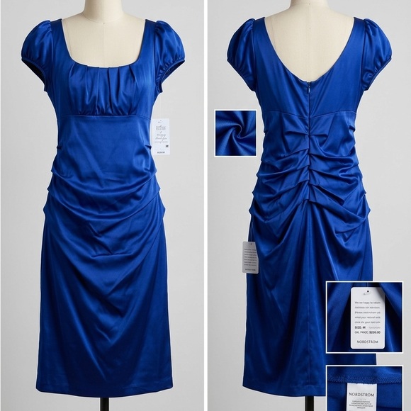 Suzi Chin for Maggy Boutique Dresses & Skirts - Suzi Chin for Maggy Boutique Cobalt Blue Satin Ruched Midi Dress